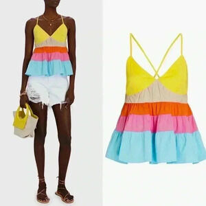 Staud Olympia Striped Poplin Top Colorblock Tank Blouse XS Tie Babydoll Striped